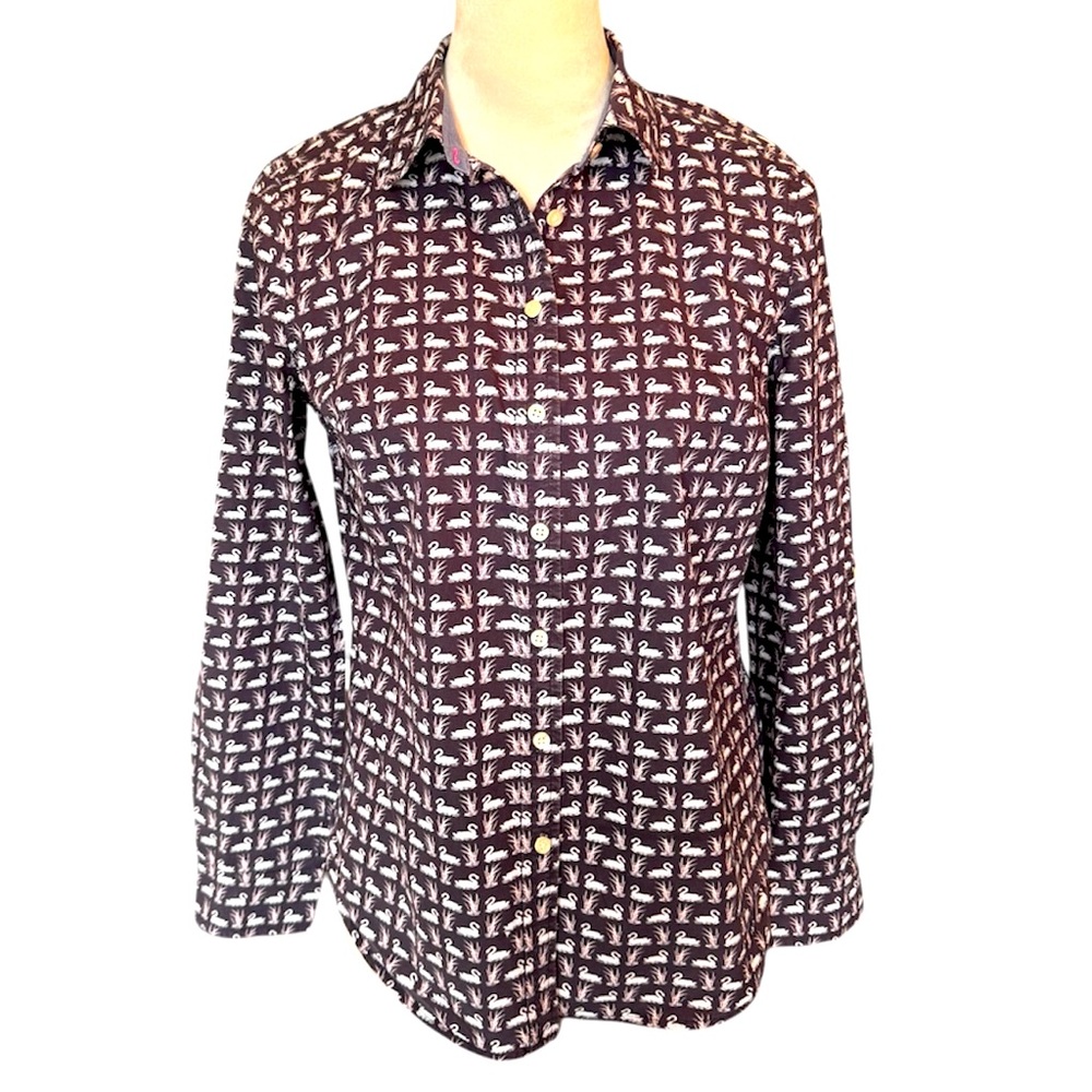 TALBOTS PETITES Long Sleeve Button Shirt Plum All-Over Swan Design Roll Tab 4P